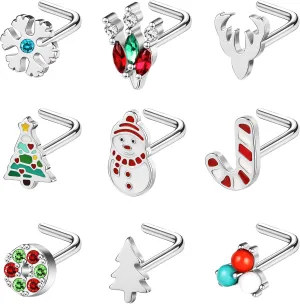 BodyAce 20G Christmas Nose Rings Nostril Studs, Stainless Steel Nose Stud l Shaped Nostril Ring, Corkscrew Nose Piercing Christmas Jewelry for Women Men