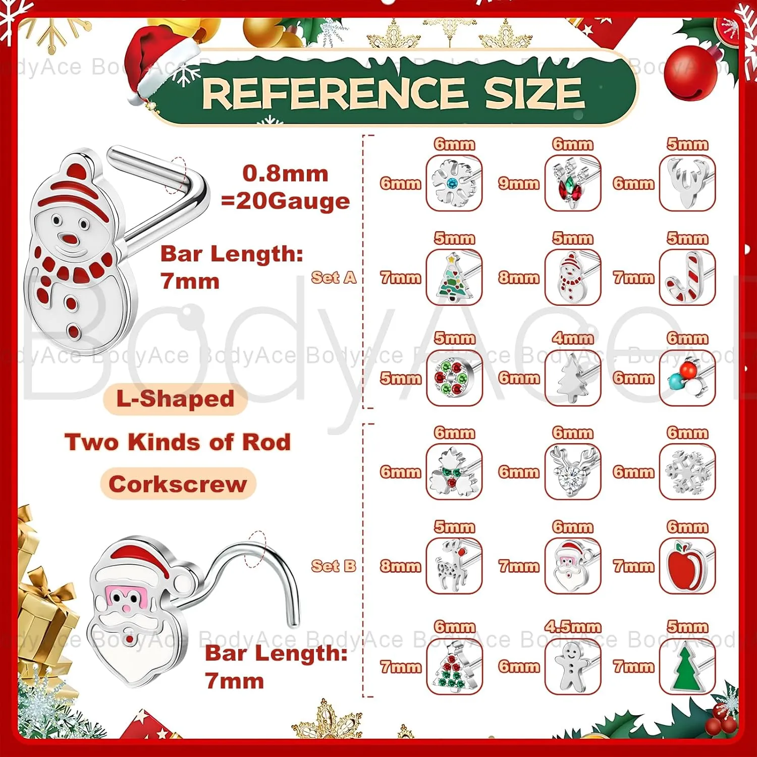BodyAce 20G Christmas Nose Rings Nostril Studs, Stainless Steel Nose Stud l Shaped Nostril Ring, Corkscrew Nose Piercing Christmas Jewelry for Women Men