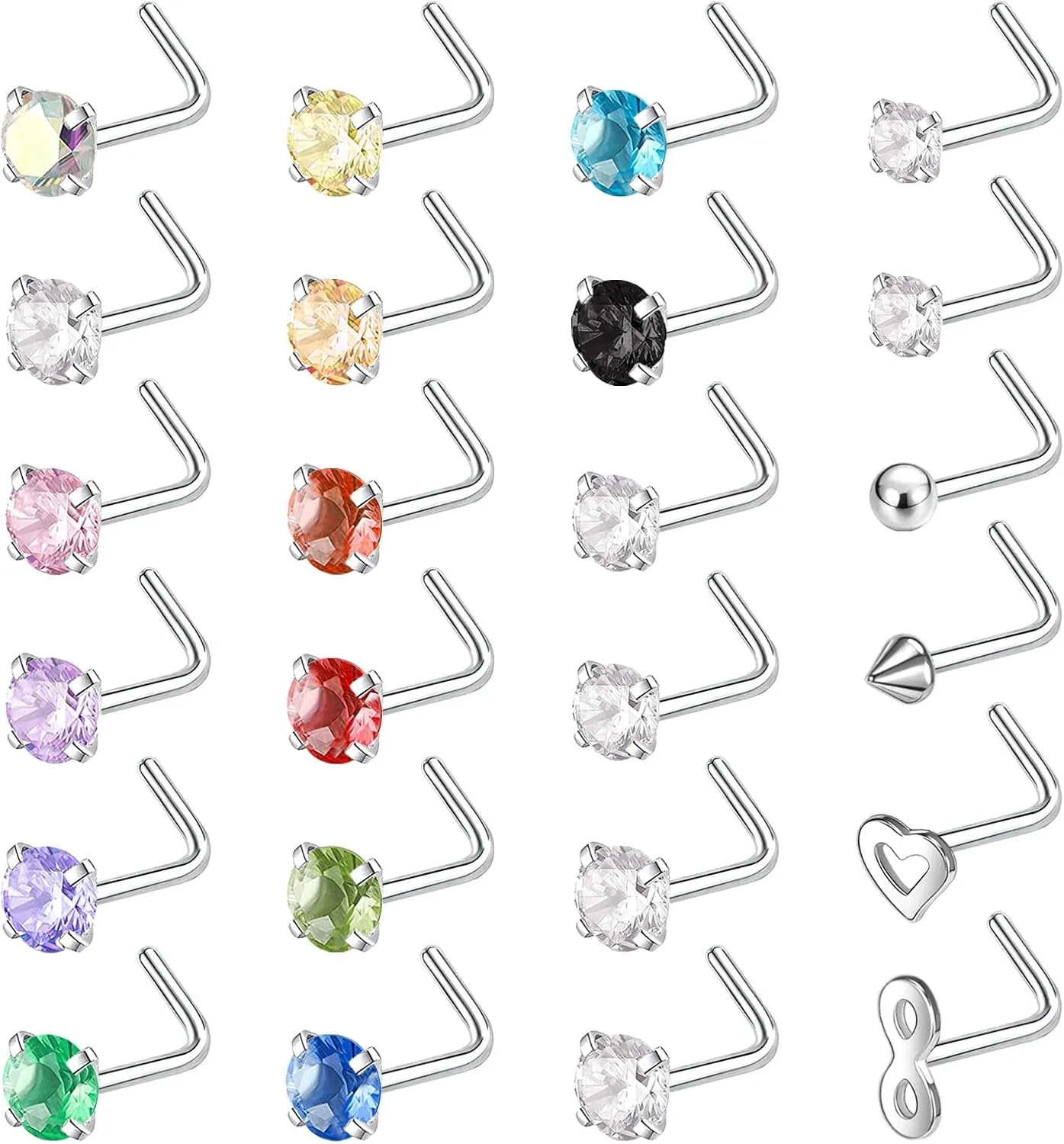BodyAce 24PCS Surgical Stainless Steel Nose Rings Studs, 20G Nostril Ring Nose Stud for Women Men, Mix Color Diamond CZ Nose Piercing Jewerly