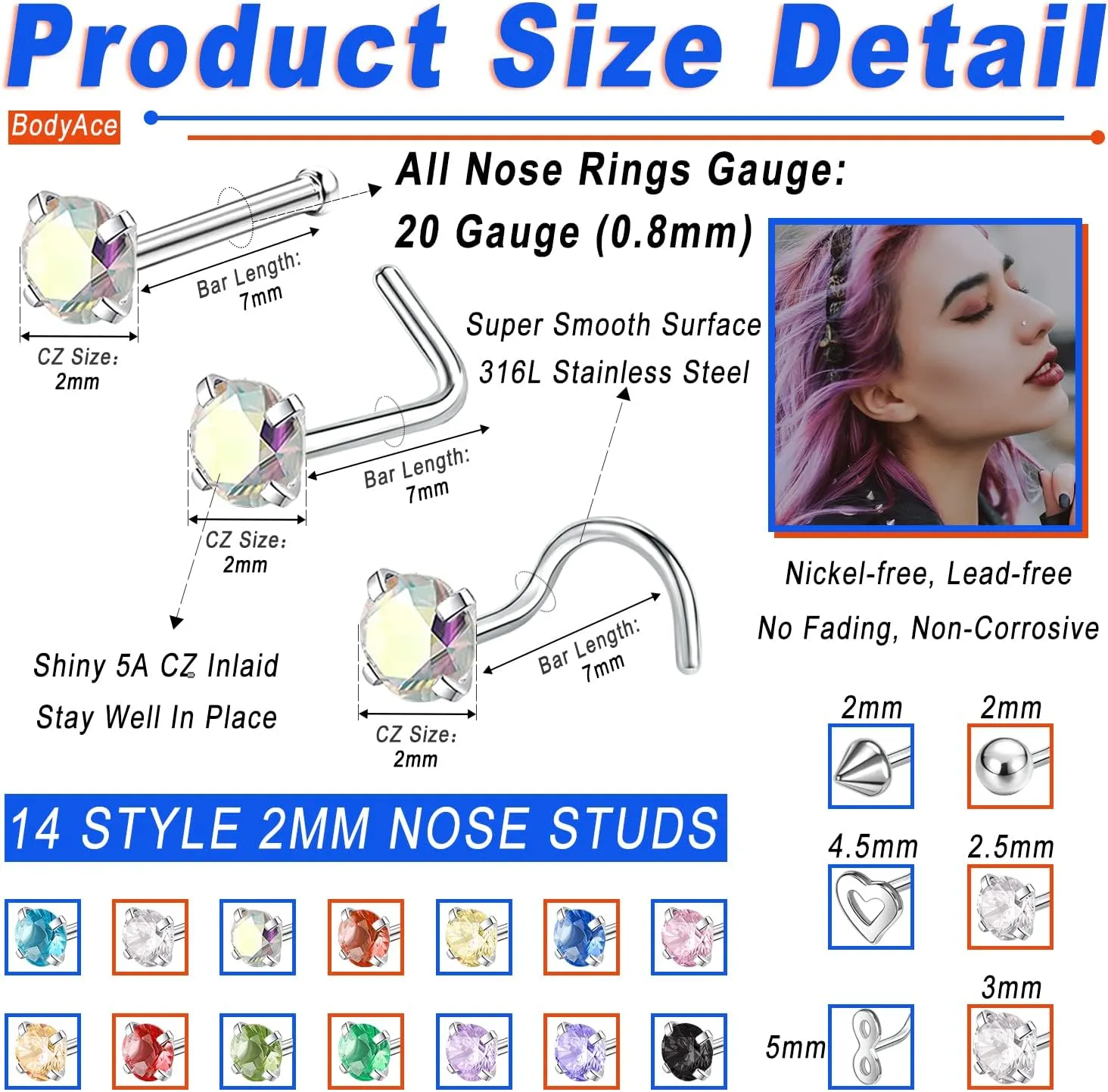 BodyAce 24PCS Surgical Stainless Steel Nose Rings Studs, 20G Nostril Ring Nose Stud for Women Men, Mix Color Diamond CZ Nose Piercing Jewerly