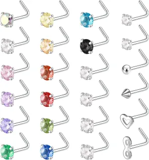 BodyAce 24PCS Surgical Stainless Steel Nose Rings Studs, 20G Nostril Ring Nose Stud for Women Men, Mix Color Diamond CZ Nose Piercing Jewerly