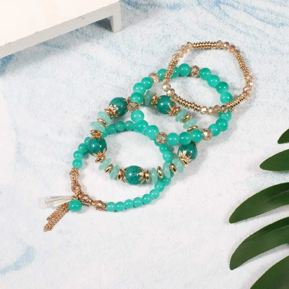 Bohemian Stackable Beaded Bracelets for Women Multilayer Gold Bead Crystal Tassel Stretch Colorful Charm Bracelets Set Summer Beach Vacation Jewelry Gifts