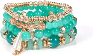 Bohemian Stackable Beaded Bracelets for Women Multilayer Gold Bead Crystal Tassel Stretch Colorful Charm Bracelets Set Summer Beach Vacation Jewelry Gifts