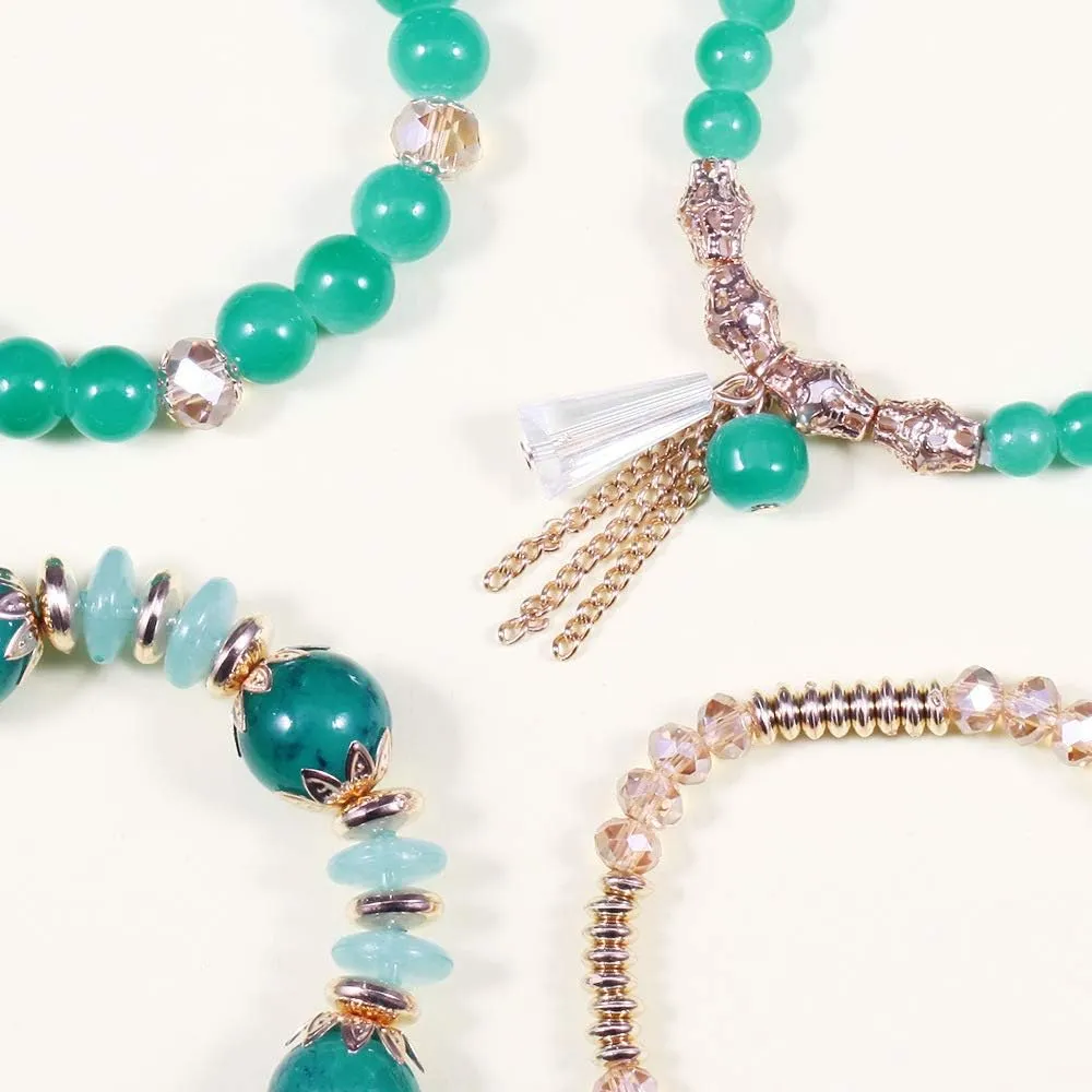 Bohemian Stackable Beaded Bracelets for Women Multilayer Gold Bead Crystal Tassel Stretch Colorful Charm Bracelets Set Summer Beach Vacation Jewelry Gifts