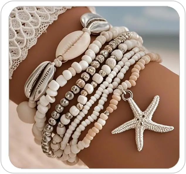 Bohemian Starfish Bracelets for Women - Adjustable Stackable Beach Bracelets, Handmade Stretchy Beaded Summer Jewelry, Perfect for Surf & Waterproof Fun