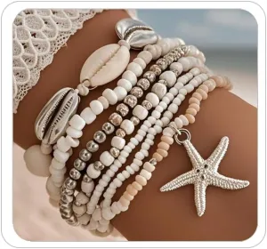 Bohemian Starfish Bracelets for Women - Adjustable Stackable Beach Bracelets, Handmade Stretchy Beaded Summer Jewelry, Perfect for Surf & Waterproof Fun