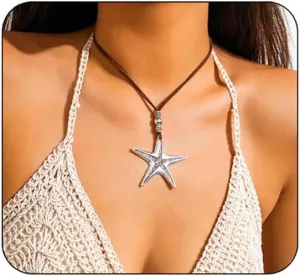 Boho Choker Necklace for Women Vintage Starfish Charm Necklaces Trendy Boho Layered Leather Necklace Brown Suede Choker Necklace Western Turquoise Necklace Summer Beach Jewelry