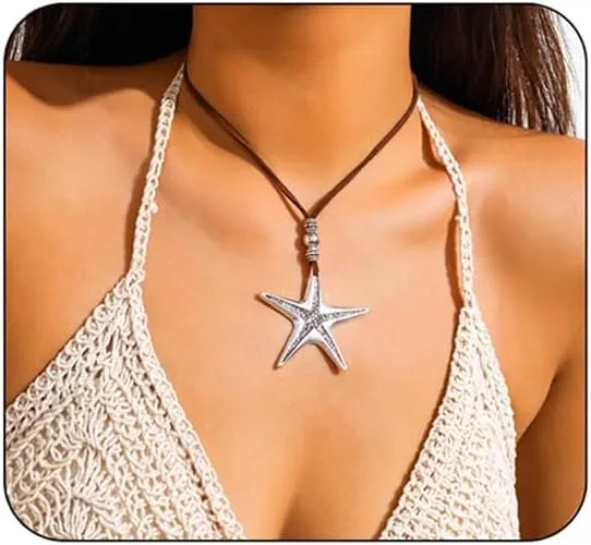 Boho Choker Necklace for Women Vintage Starfish Charm Necklaces Trendy Boho Layered Leather Necklace Brown Suede Choker Necklace Western Turquoise Necklace Summer Beach Jewelry