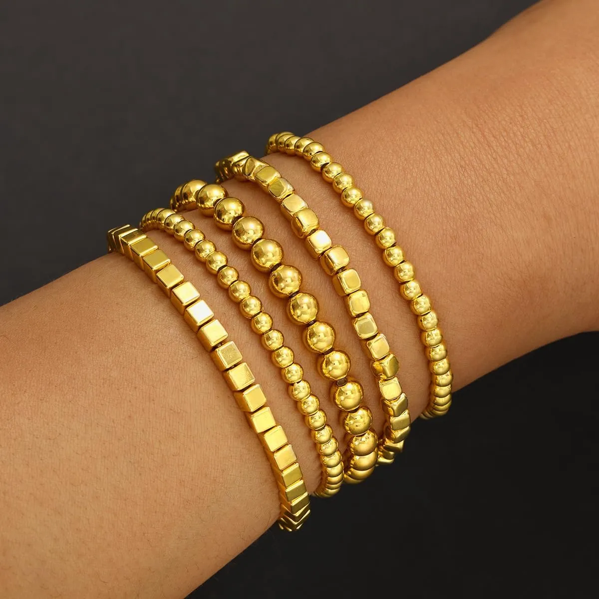 Boho Layered Gold Beaded Bracelets for Women Men Round Ball Square Geometric Beads Bracelets Minimalist Adjustable Stretch Bracelet Dainty Jewelry Gifts