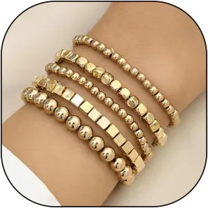 Boho Layered Gold Beaded Bracelets for Women Men Round Ball Square Geometric Beads Bracelets Minimalist Adjustable Stretch Bracelet Dainty Jewelry Gifts