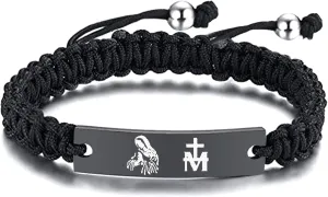 Braided Rope Bracelet For Men Women,Sturdy Christ Jesus Mother Prayer Bracelet - Holy Virgin Mary Mother of Mercy Leather Cuff Bangle with Stainless Steel Clasp