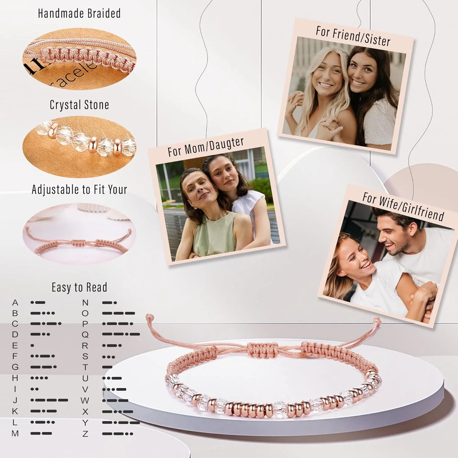 Btysun Morse Code Bracelets for Women Christmas Gift Stocking Stuffers for Teens Pink Braided Bracelets Inspirational Best Friend Birthday Gifts for Her High School Graduation Gifts for Her 2025 Mom Bracelet Jewelry