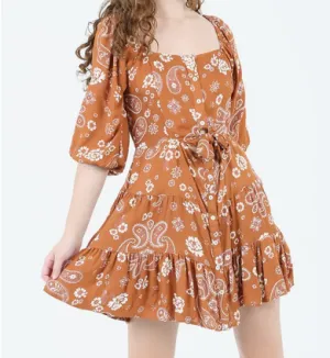 Button Tie Peekaboo Paisley Dress
