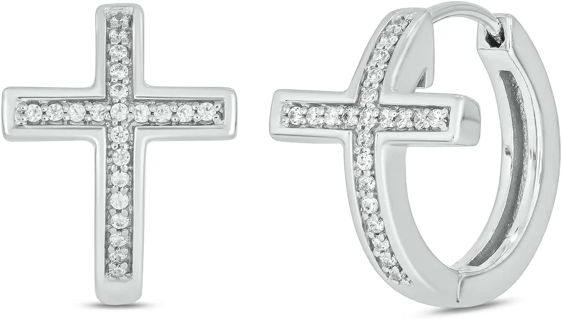 Cali Trove 1/6 ct Natural Diamond Cross Hoops | 925 Sterling Silver Earrings | Womens Cross Huggie Earrings | White & Black Diamond Hoops | Silver Huggies for Women |Jewelry Gifts for Her