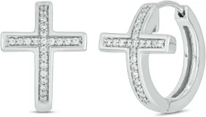 Cali Trove 1/6 ct Natural Diamond Cross Hoops | 925 Sterling Silver Earrings | Womens Cross Huggie Earrings | White & Black Diamond Hoops | Silver Huggies for Women |Jewelry Gifts for Her