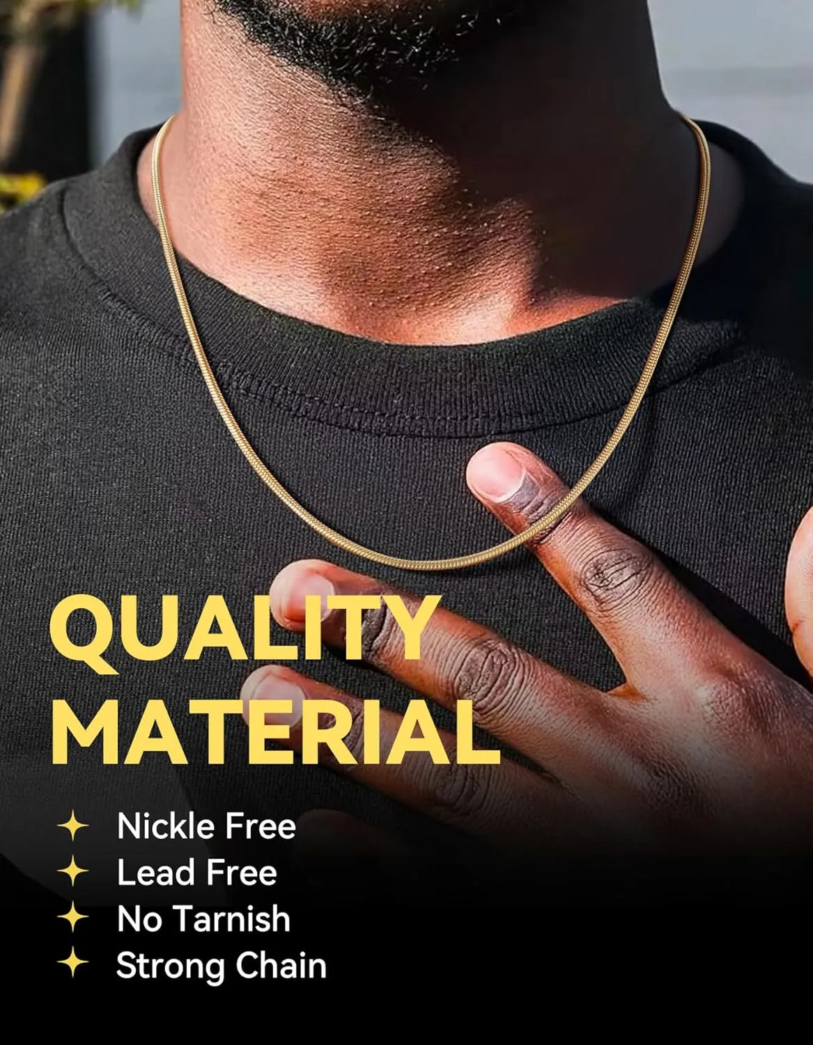 ChainsHouse 2MM Snake Chain Necklace for Men, 14K Gold/Black/Stainless Steel Simple Chains for Pendants or Solo Wear, Hypoallergenic Mens Jewelry Gift, 16"-30" Length