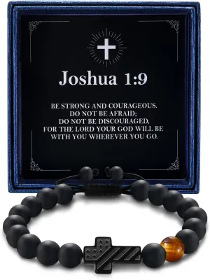 Christian Bracelet for Men Boys Teens with Tiger Eye Stone Bead Lucky Charm Amulet Adjustable Cross Faith Jewelry, Joshua Religious Cross Bracelet Gifts for Boys