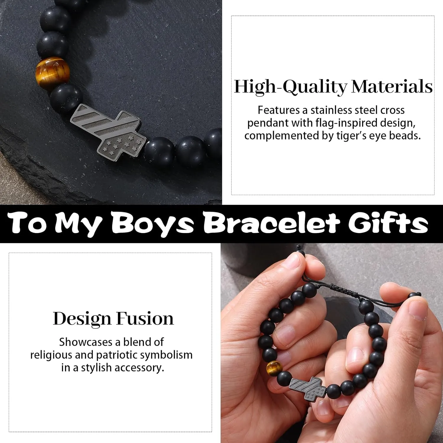 Christian Bracelet for Men Boys Teens with Tiger Eye Stone Bead Lucky Charm Amulet Adjustable Cross Faith Jewelry, Joshua Religious Cross Bracelet Gifts for Boys