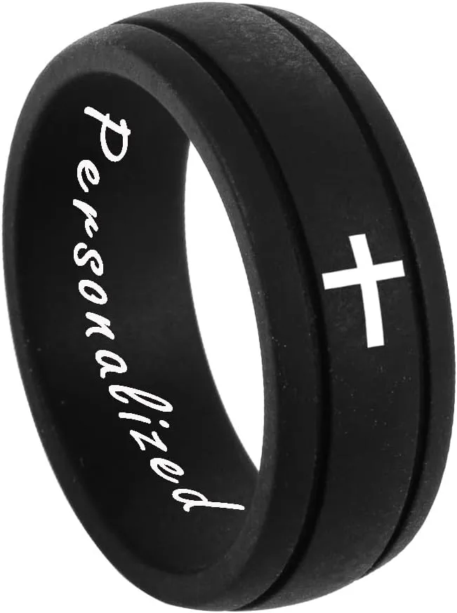 Christian Rings with Cross Silicone Rings 8mm Double Slot Outdoor Sports Silicone Ring Wedding Band Bible Verse Quote Faith Inspirational Rings Prayer Silicone Rings,Jesus Crucifix Ring