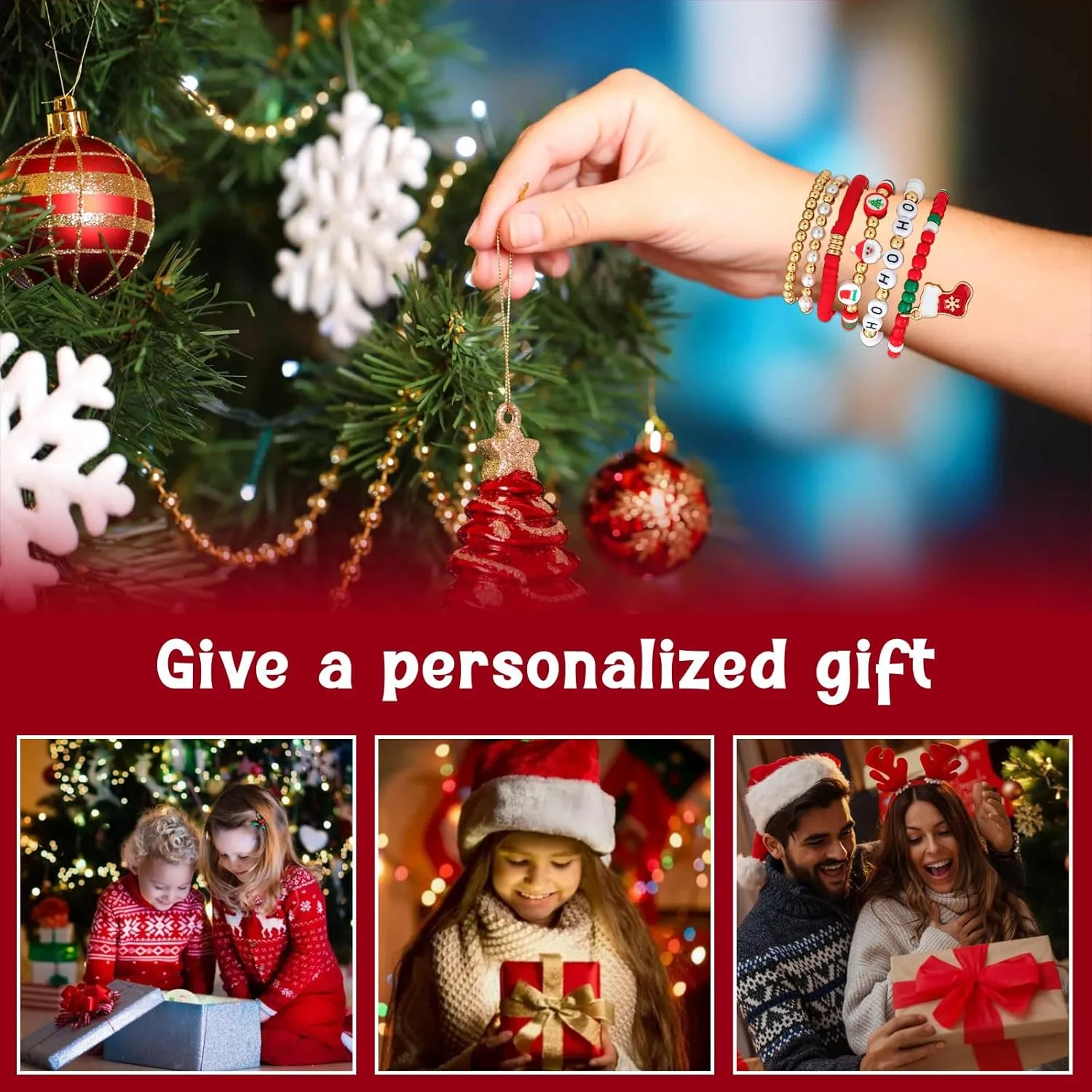 Christmas Bracelets Charm Colorful Beaded Bracelets Holiday Elastic Stretchy Bracelet Jewelry Gifts for Women