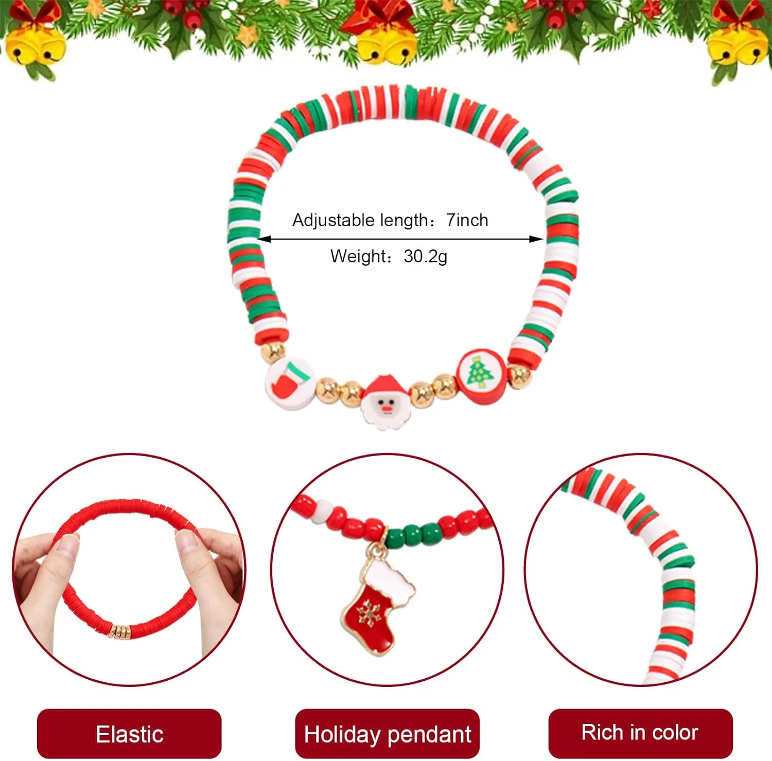 Christmas Bracelets Charm Colorful Beaded Bracelets Holiday Elastic Stretchy Bracelet Jewelry Gifts for Women
