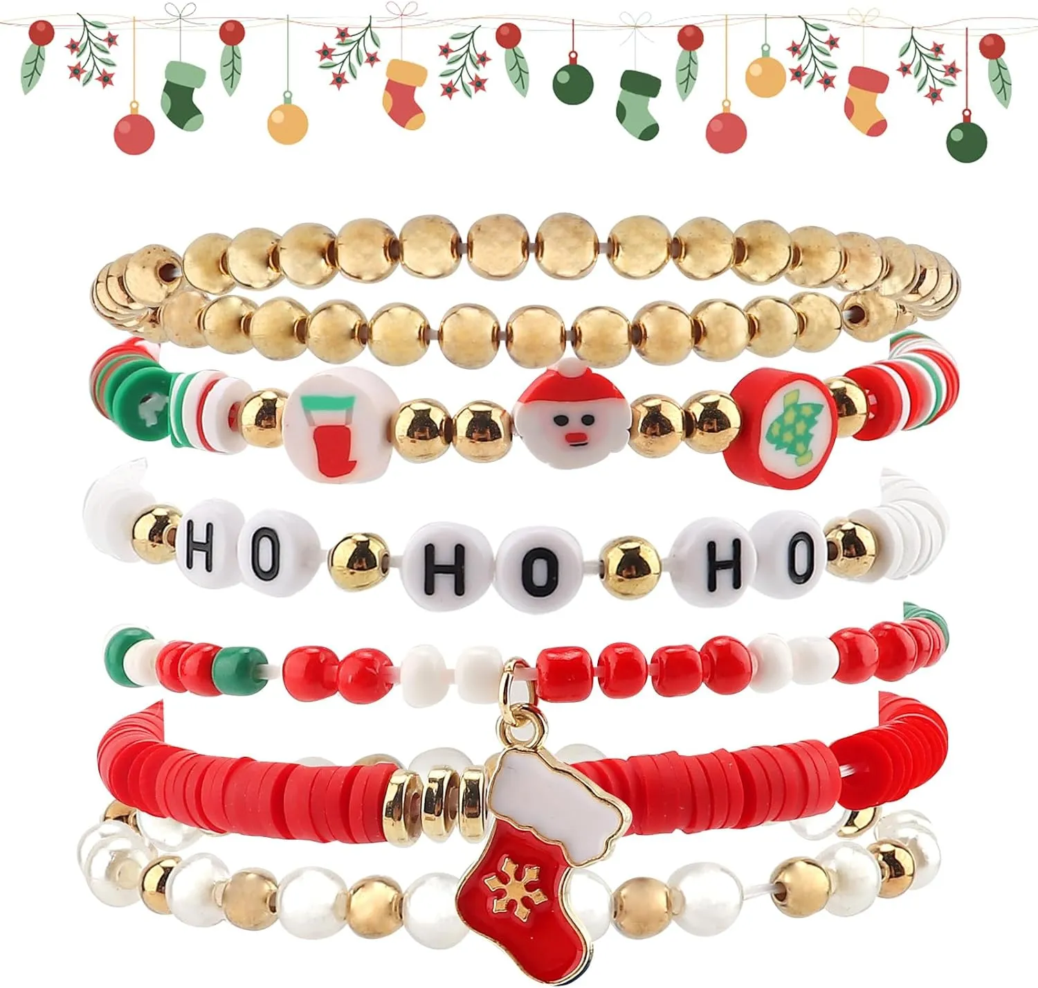 Christmas Bracelets Charm Colorful Beaded Bracelets Holiday Elastic Stretchy Bracelet Jewelry Gifts for Women