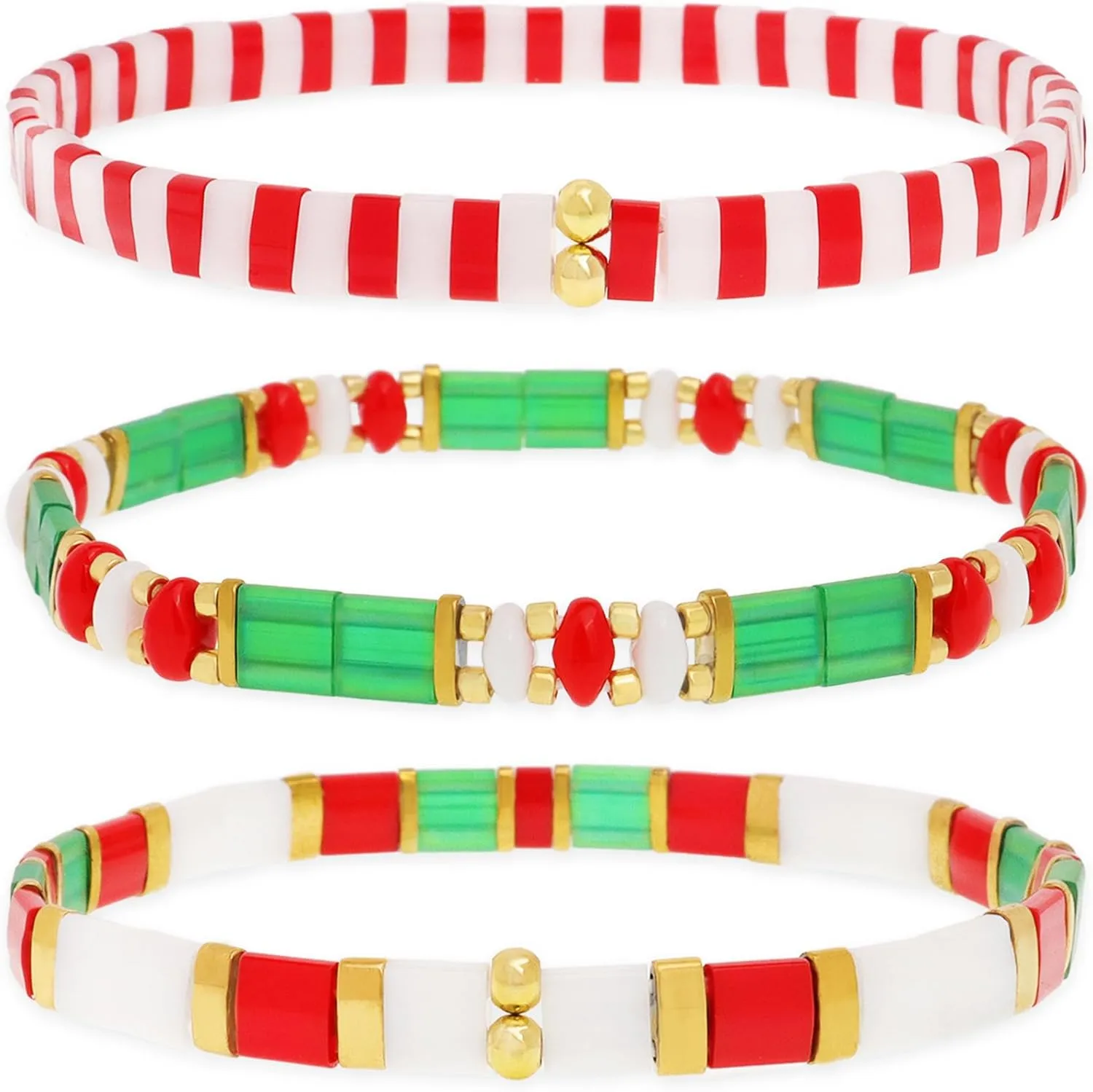 Christmas Miyuki Tila Flat Beaded Bracelets Sets for Women, Trendy Stack Gold Red Green Beads Stretchy Bracelet Outfit Festive Accessories Jewelry Gift.