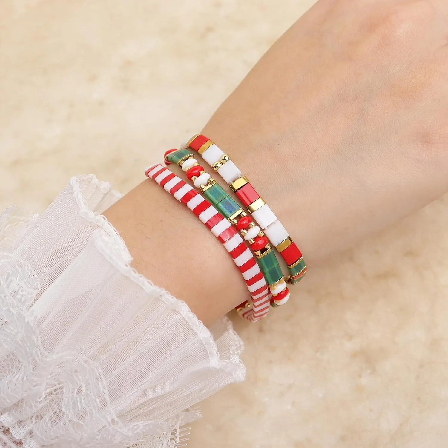 Christmas Miyuki Tila Flat Beaded Bracelets Sets for Women, Trendy Stack Gold Red Green Beads Stretchy Bracelet Outfit Festive Accessories Jewelry Gift.