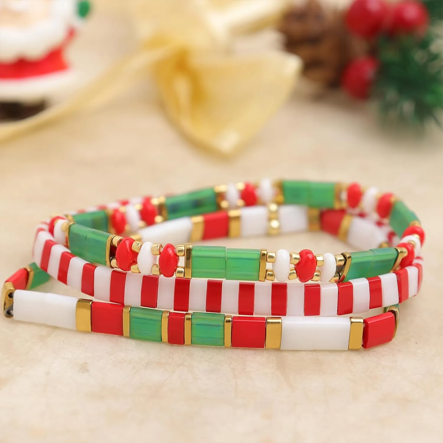 Christmas Miyuki Tila Flat Beaded Bracelets Sets for Women, Trendy Stack Gold Red Green Beads Stretchy Bracelet Outfit Festive Accessories Jewelry Gift.