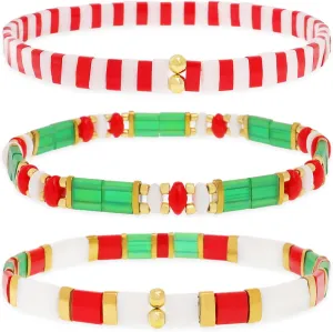 Christmas Miyuki Tila Flat Beaded Bracelets Sets for Women, Trendy Stack Gold Red Green Beads Stretchy Bracelet Outfit Festive Accessories Jewelry Gift.