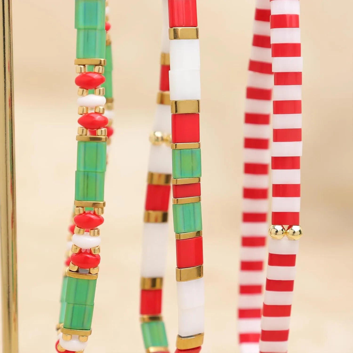 Christmas Miyuki Tila Flat Beaded Bracelets Sets for Women, Trendy Stack Gold Red Green Beads Stretchy Bracelet Outfit Festive Accessories Jewelry Gift.