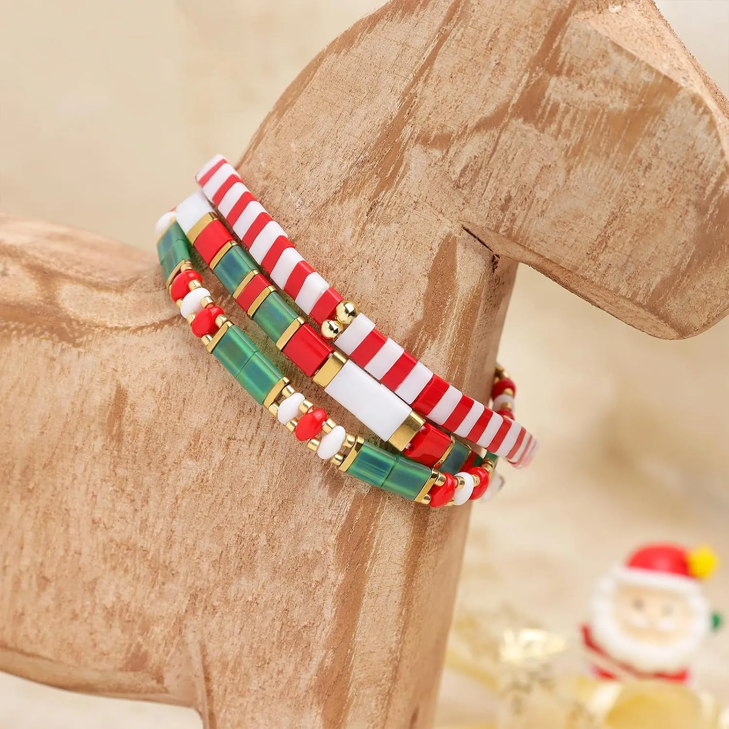 Christmas Miyuki Tila Flat Beaded Bracelets Sets for Women, Trendy Stack Gold Red Green Beads Stretchy Bracelet Outfit Festive Accessories Jewelry Gift.