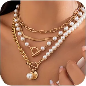 Chunky Gold Layered Pearl Necklaces Set for Women Trendy Stack Half Chain Half Pearls Beaded Statement Necklace OT Buckle Paperclip Choker Jewelry Gift