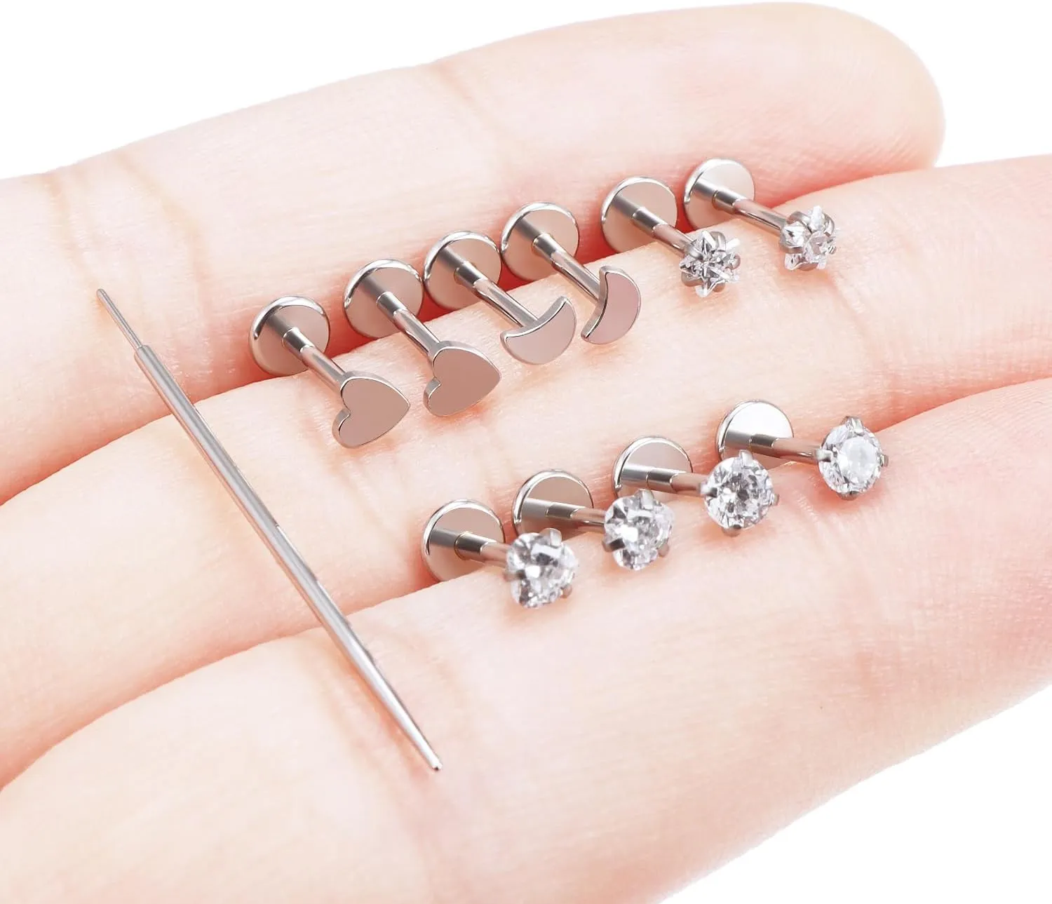 Cisyozi 18G 20G 16G Push in Flat Back Nose Ring Studs Hypoallergenic Surgical Steel Threadless CZ Moon Heart Nose Stud Set for Women Men Nostril Piercing Jewelry 6mm Bars Tops Size 3mm