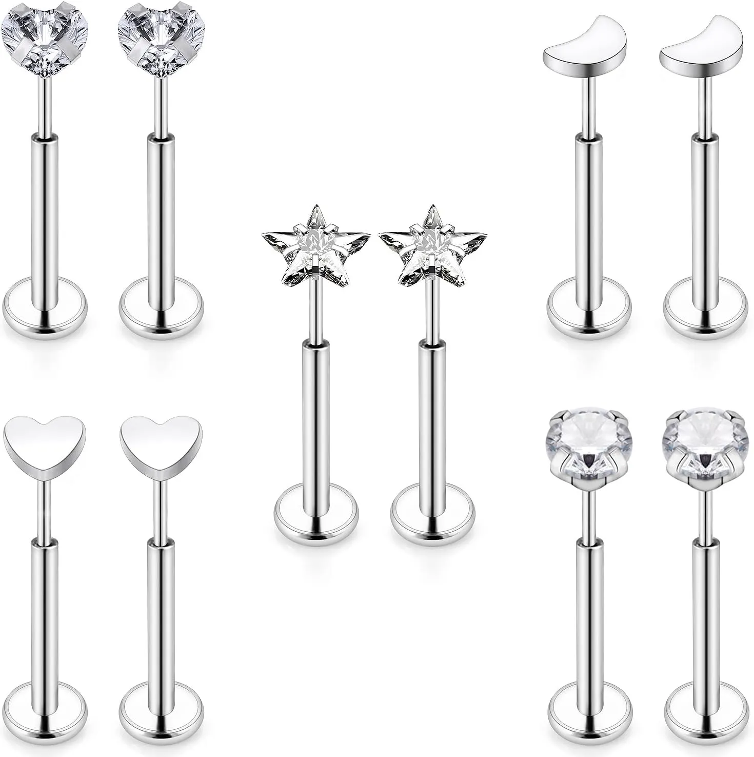 Cisyozi 18G 20G 16G Push in Flat Back Nose Ring Studs Hypoallergenic Surgical Steel Threadless CZ Moon Heart Nose Stud Set for Women Men Nostril Piercing Jewelry 6mm Bars Tops Size 3mm
