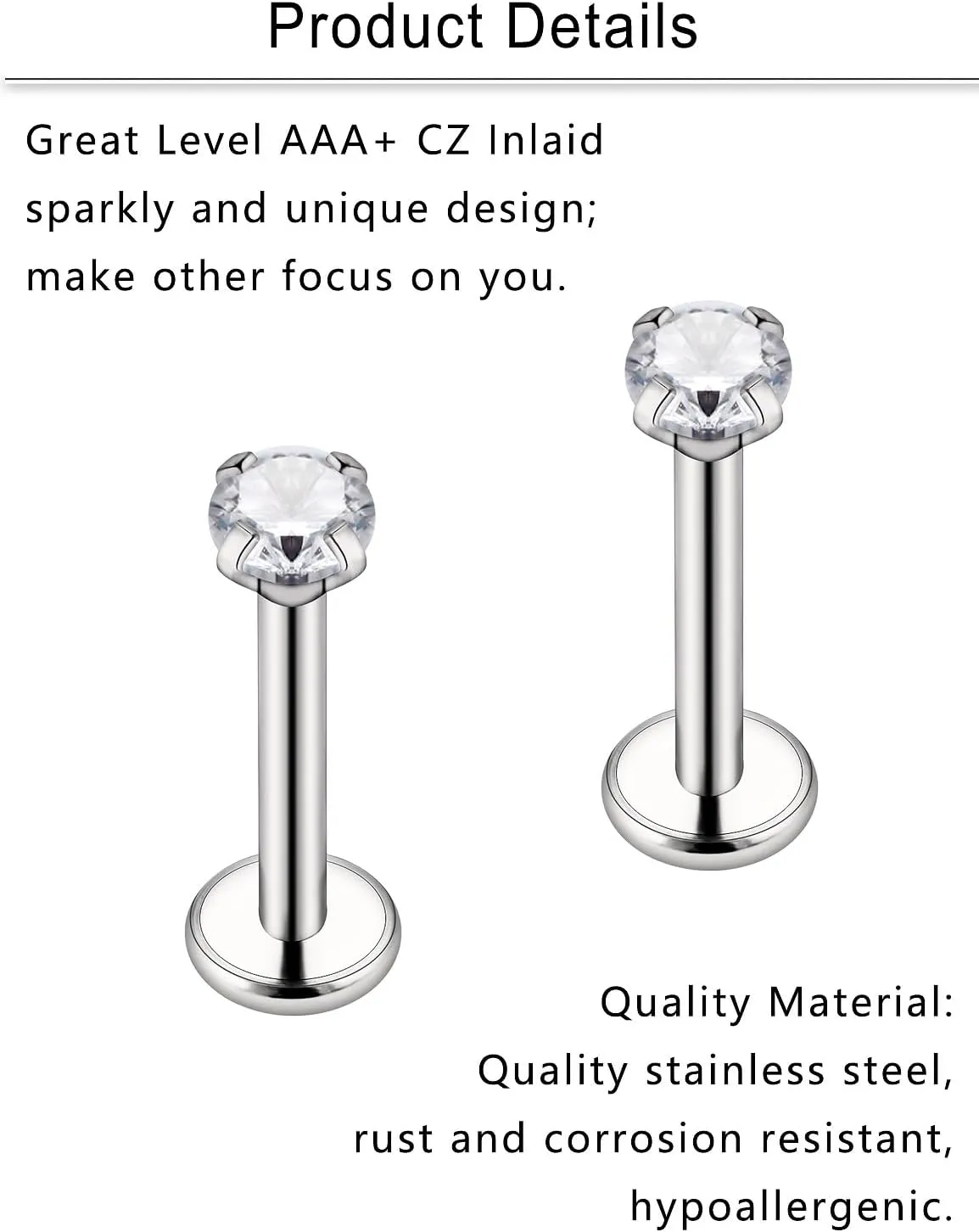 Cisyozi 18G 20G 16G Push in Flat Back Nose Ring Studs Hypoallergenic Surgical Steel Threadless CZ Moon Heart Nose Stud Set for Women Men Nostril Piercing Jewelry 6mm Bars Tops Size 3mm