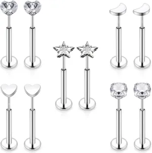 Cisyozi 18G 20G 16G Push in Flat Back Nose Ring Studs Hypoallergenic Surgical Steel Threadless CZ Moon Heart Nose Stud Set for Women Men Nostril Piercing Jewelry 6mm Bars Tops Size 3mm