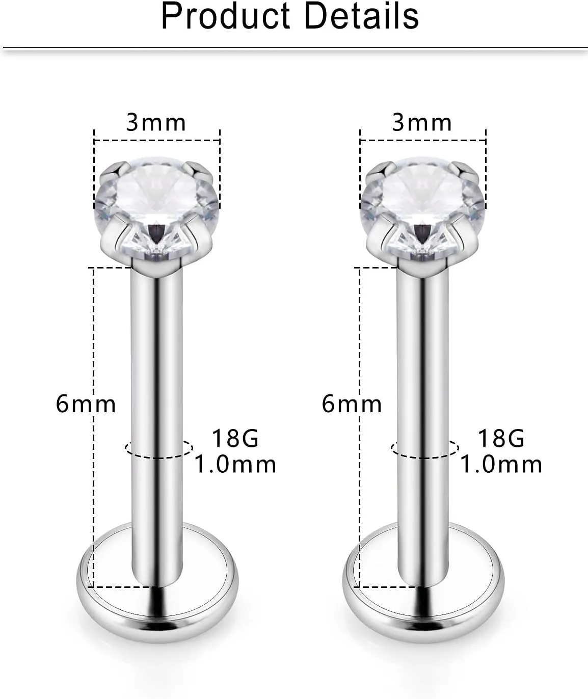Cisyozi 18G 20G 16G Push in Flat Back Nose Ring Studs Hypoallergenic Surgical Steel Threadless CZ Moon Heart Nose Stud Set for Women Men Nostril Piercing Jewelry 6mm Bars Tops Size 3mm