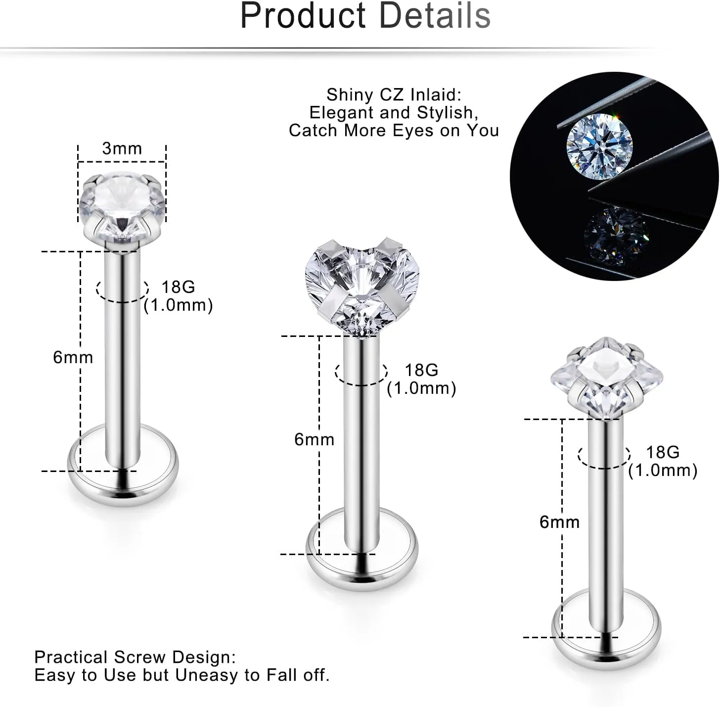 Cisyozi 18G 20G 16G Push in Flat Back Nose Ring Studs Hypoallergenic Surgical Steel Threadless CZ Moon Heart Nose Stud Set for Women Men Nostril Piercing Jewelry 6mm Bars Tops Size 3mm