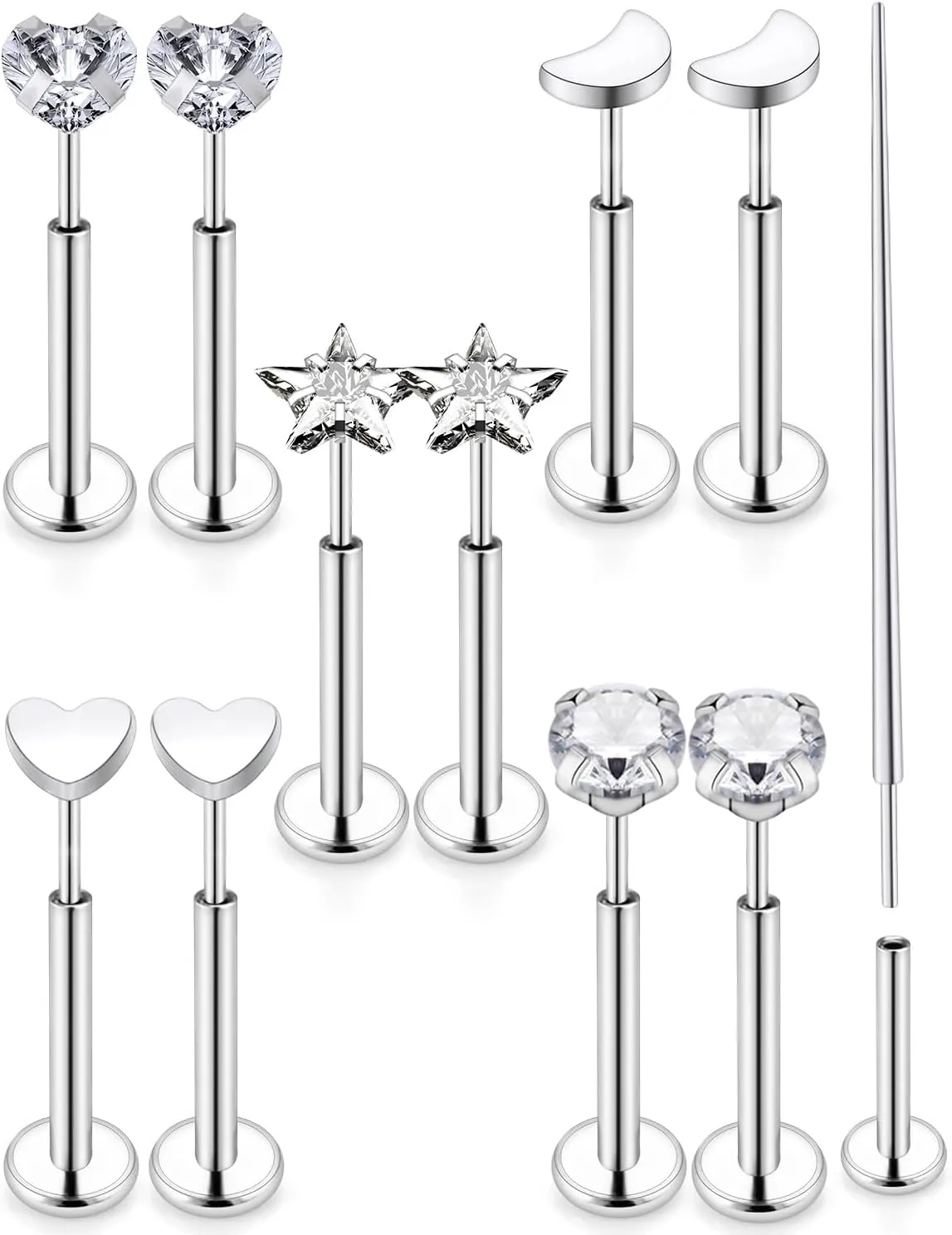 Cisyozi 18G 20G 16G Push in Flat Back Nose Ring Studs Hypoallergenic Surgical Steel Threadless CZ Moon Heart Nose Stud Set for Women Men Nostril Piercing Jewelry 6mm Bars Tops Size 3mm