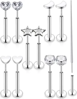Cisyozi 18G 20G 16G Push in Flat Back Nose Ring Studs Hypoallergenic Surgical Steel Threadless CZ Moon Heart Nose Stud Set for Women Men Nostril Piercing Jewelry 6mm Bars Tops Size 3mm