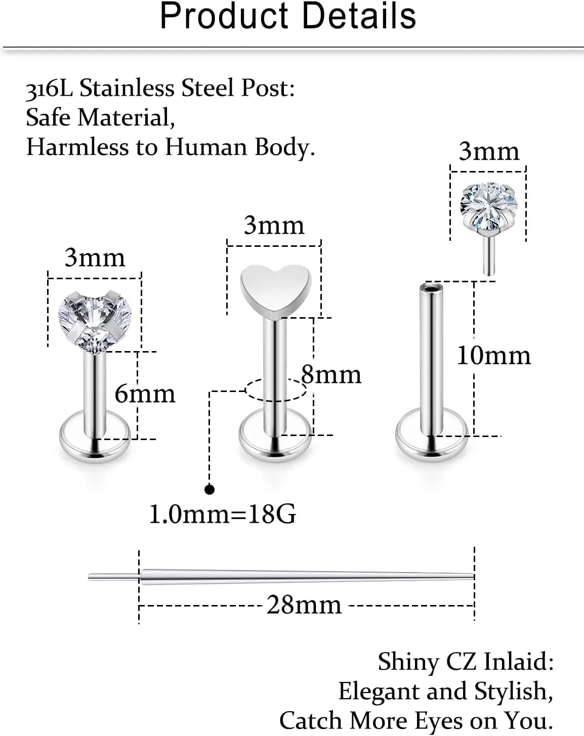 Cisyozi 20G 18G 16G Threadless Push in Nose Rings Studs With Fat Back 316L Surgical Steel Lip Labret Medusa Rings Studs Cartilage Tragus Helix Ear Earring Body Jewelry Piercing for Women Men 7mm Bars