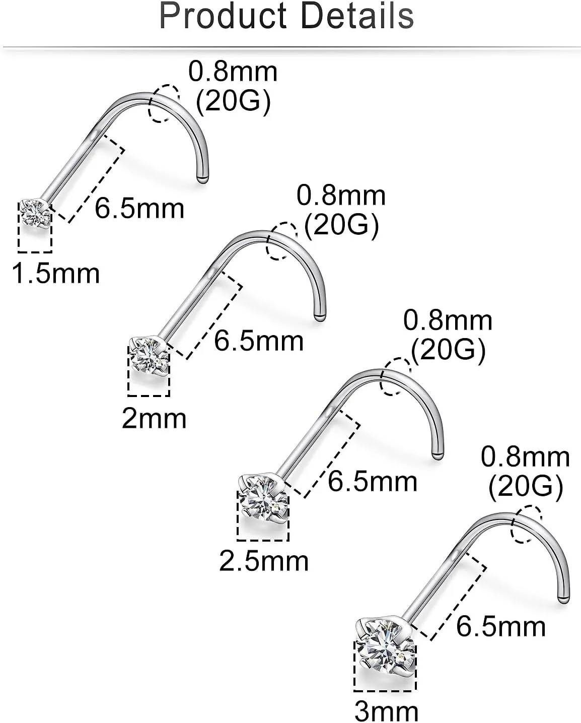 Cisyozi 22G 20G 18G Titanium Nose Rings Hypoallergenic Corkscrew Medical Grade Nose Rings Studs for Women Men Shiny Cubic Zirconia Nose Rings Piercings Jewelry for Sensitive Skin