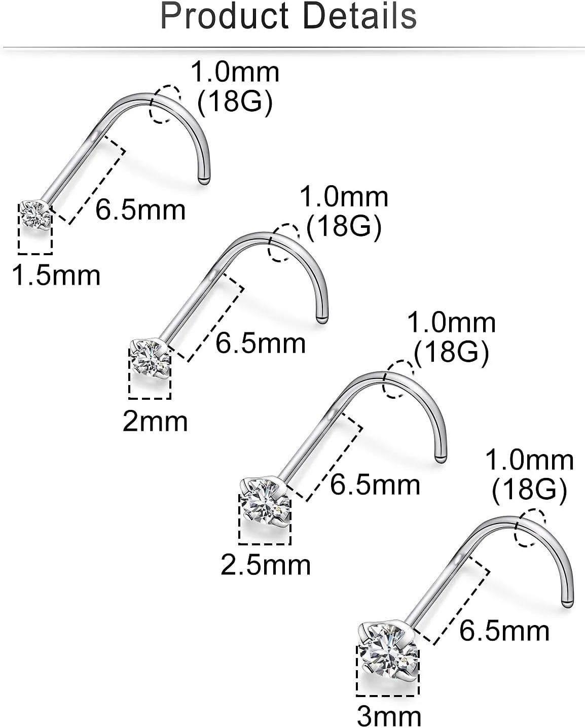 Cisyozi 22G 20G 18G Titanium Nose Rings Hypoallergenic Corkscrew Medical Grade Nose Rings Studs for Women Men Shiny Cubic Zirconia Nose Rings Piercings Jewelry for Sensitive Skin