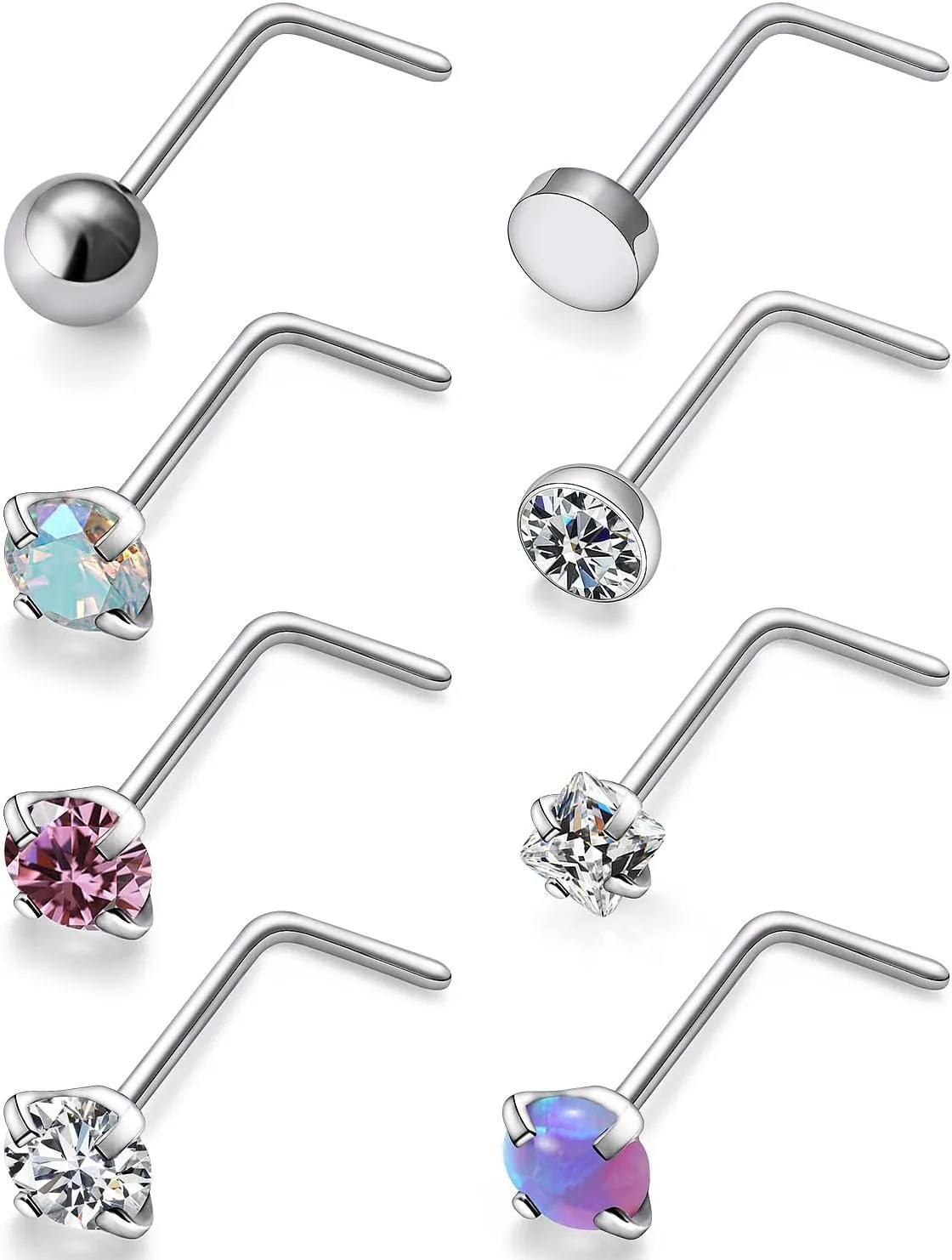 Cisyozi 22G 20G 18G Titanium Nose Rings Hypoallergenic L Shaped Nose Rings Studs for Women Men CZ Opal Heart Square Nose Rings Piercings Jewelry for Sensitive Skin