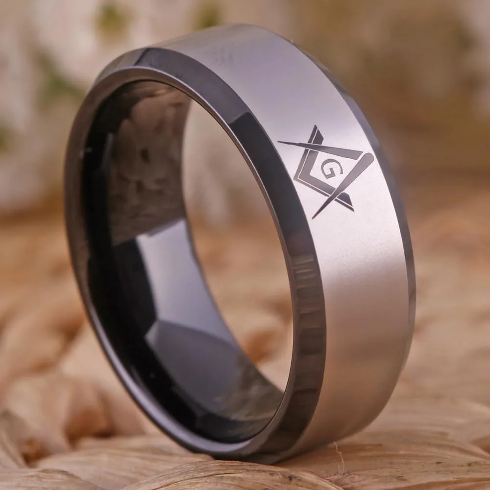 CLASSIC 8mm Black Men's Tungsten Carbide Ring Masonic Compass Square Free Mason -Free Customize Engraving