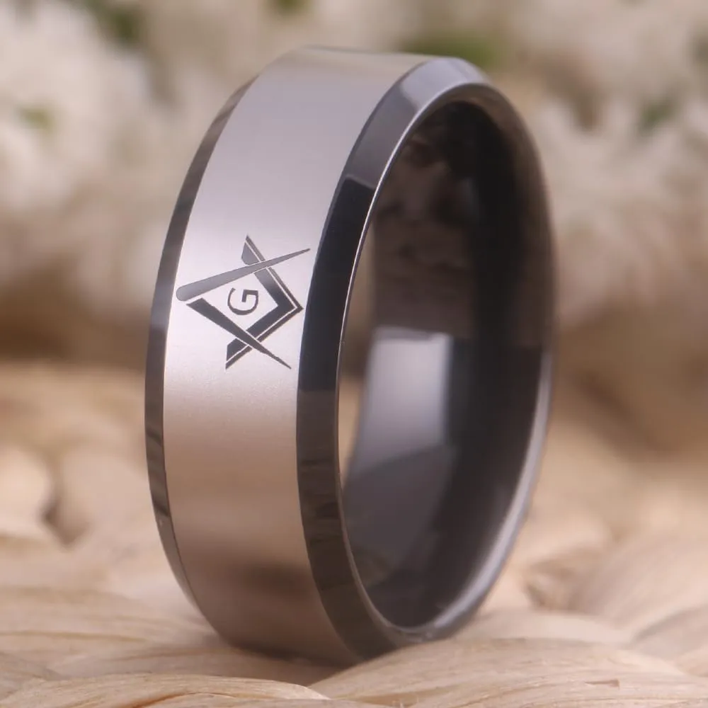 CLASSIC 8mm Black Men's Tungsten Carbide Ring Masonic Compass Square Free Mason -Free Customize Engraving