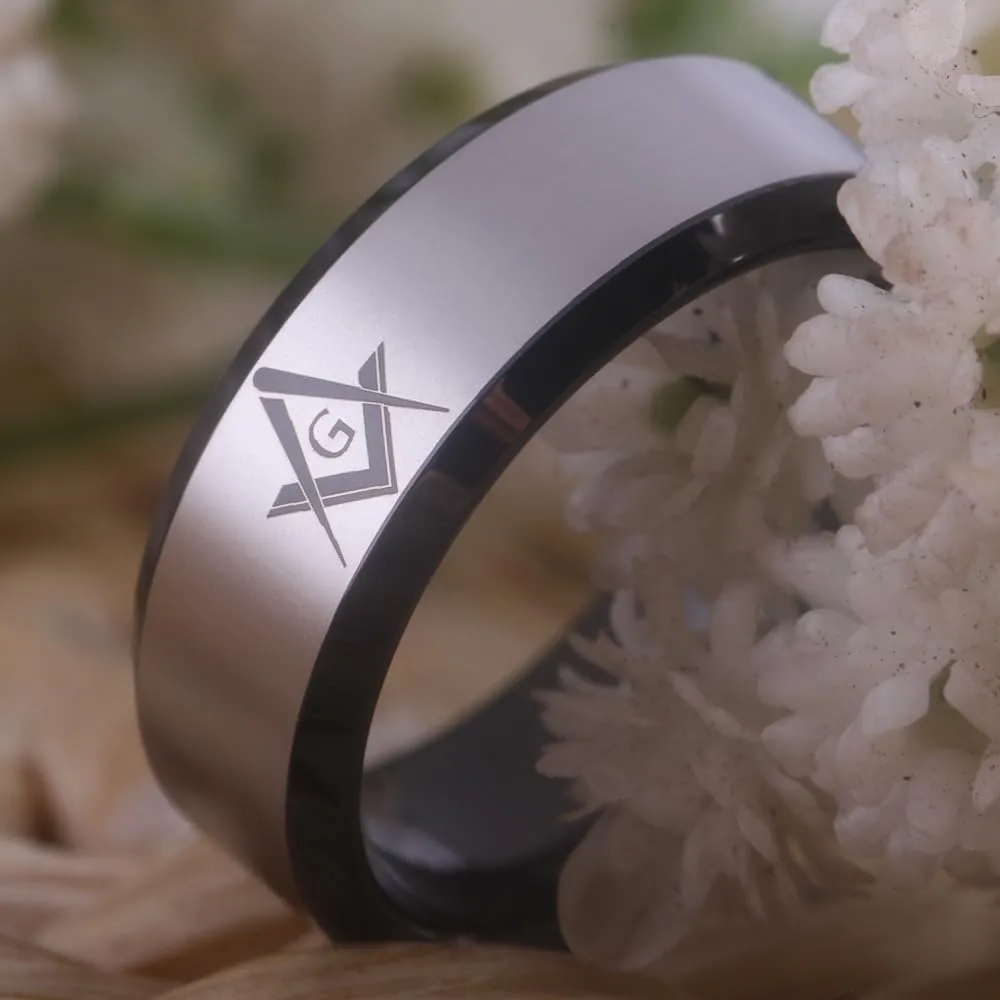 CLASSIC 8mm Black Men's Tungsten Carbide Ring Masonic Compass Square Free Mason -Free Customize Engraving