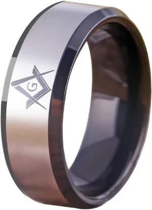 CLASSIC 8mm Black Men's Tungsten Carbide Ring Masonic Compass Square Free Mason -Free Customize Engraving