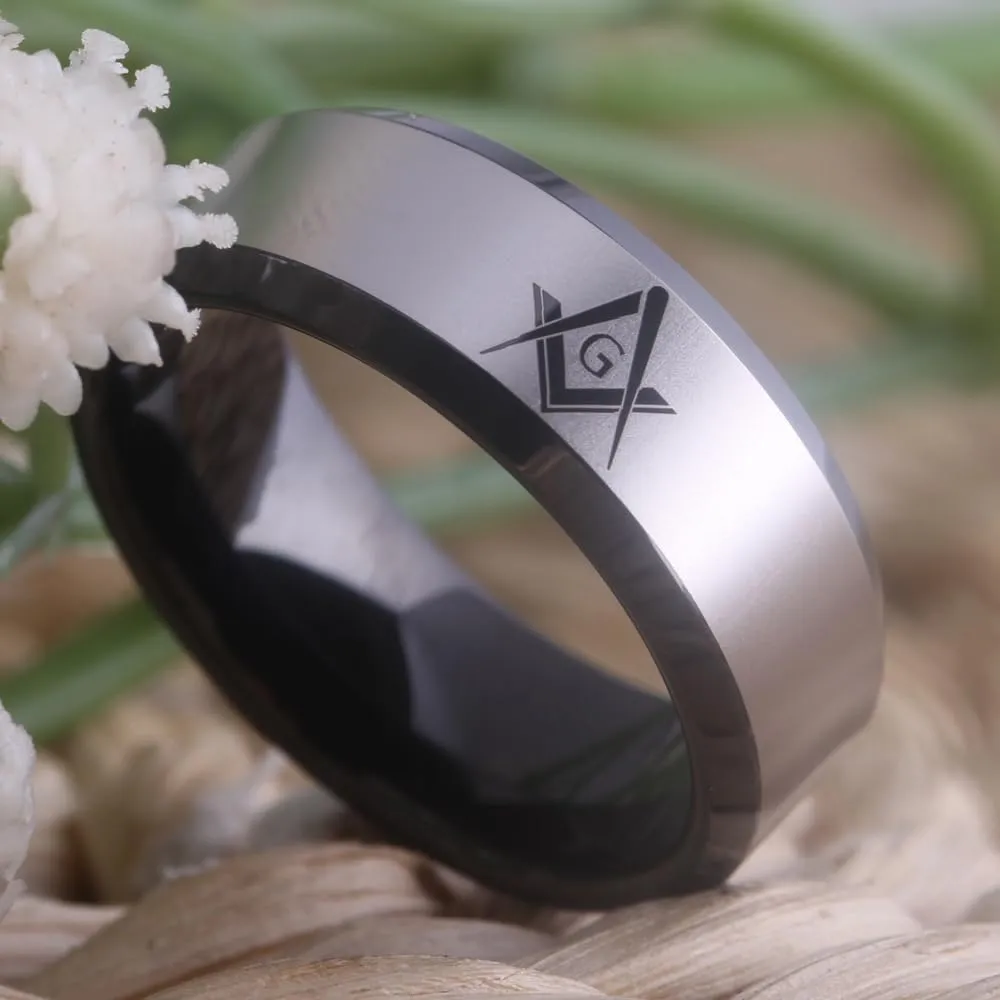 CLASSIC 8mm Black Men's Tungsten Carbide Ring Masonic Compass Square Free Mason -Free Customize Engraving